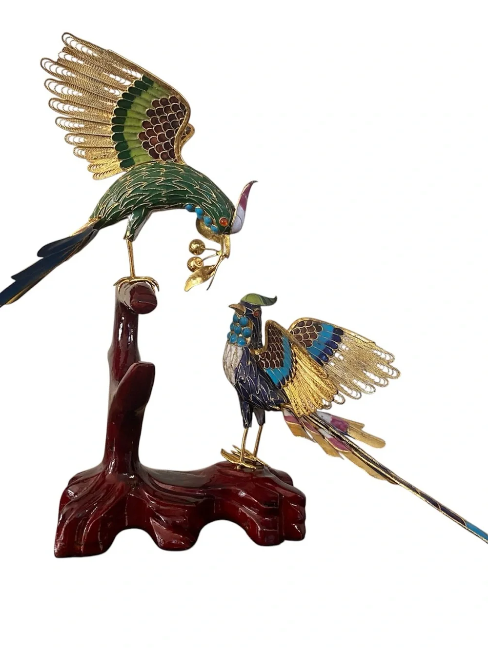 Vtg Cloissonne Multicolor W/ Gold Accent Filigree Birds Sculpture. Handcrafted